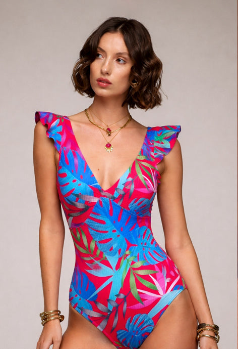 Red Tropical Ruffle Swimsuit